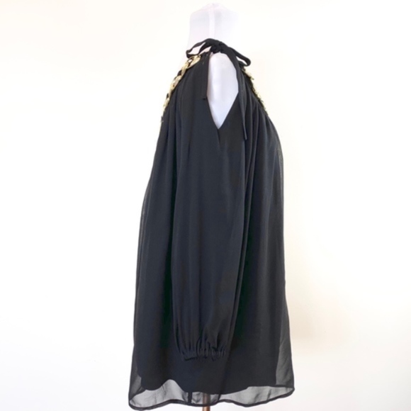 Julie Brown NYC Chiffon Sheer Black One Shoulder Blouse Gold Chain 100% Silk - Picture 6 of 8